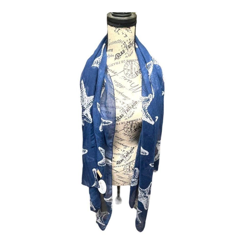 Spring Fall Summer Scarf Light Wrap Long Shell Starfish Star Beach Sea 30x70 NEW - Picture 2 of 8